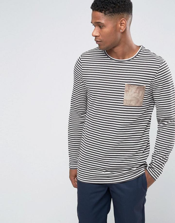 Asos Stripe Longline Long Sleeve T-shirt With Suede Look Pocket - Cream