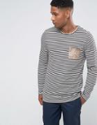 Asos Stripe Longline Long Sleeve T-shirt With Suede Look Pocket - Cream