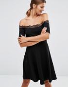 New Look Lace Trim Bardot Skater Dress - Black