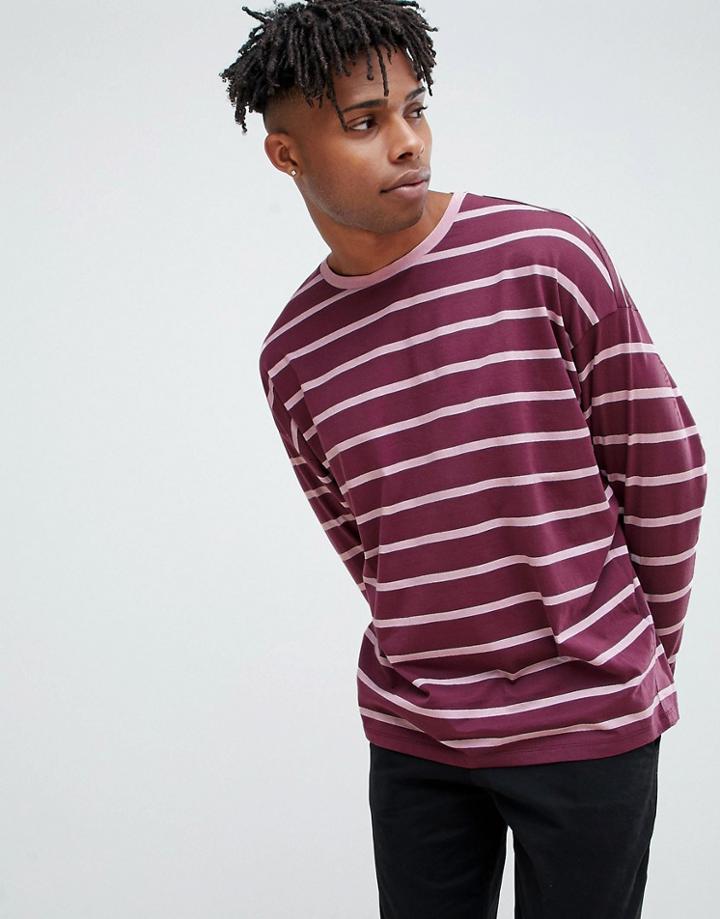 Asos Design Oversized Long Sleeve T-shirt With Burgundy And Pink Stripe - Red