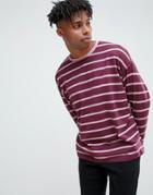 Asos Design Oversized Long Sleeve T-shirt With Burgundy And Pink Stripe - Red