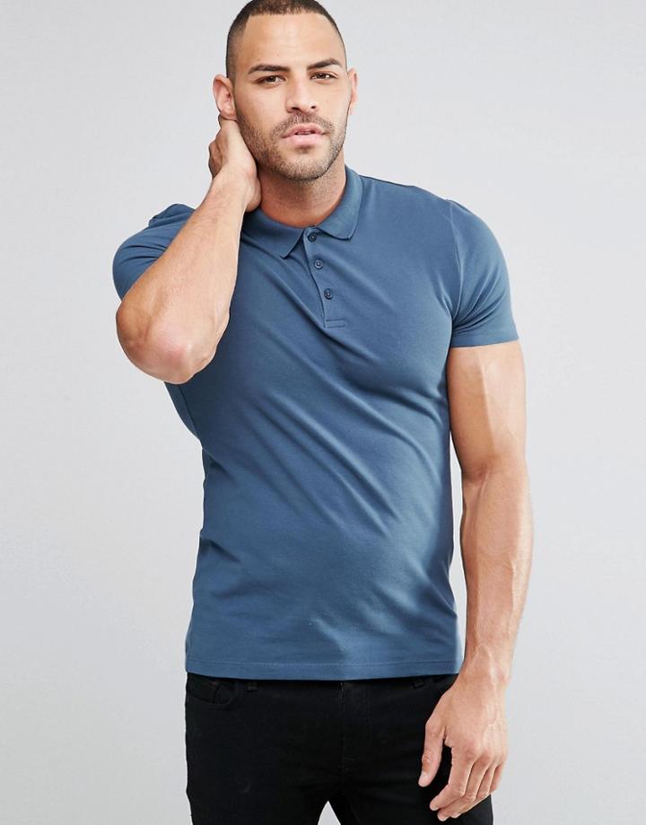 Asos Muscle Pique Polo Shirt In Cadet Blue - Blue