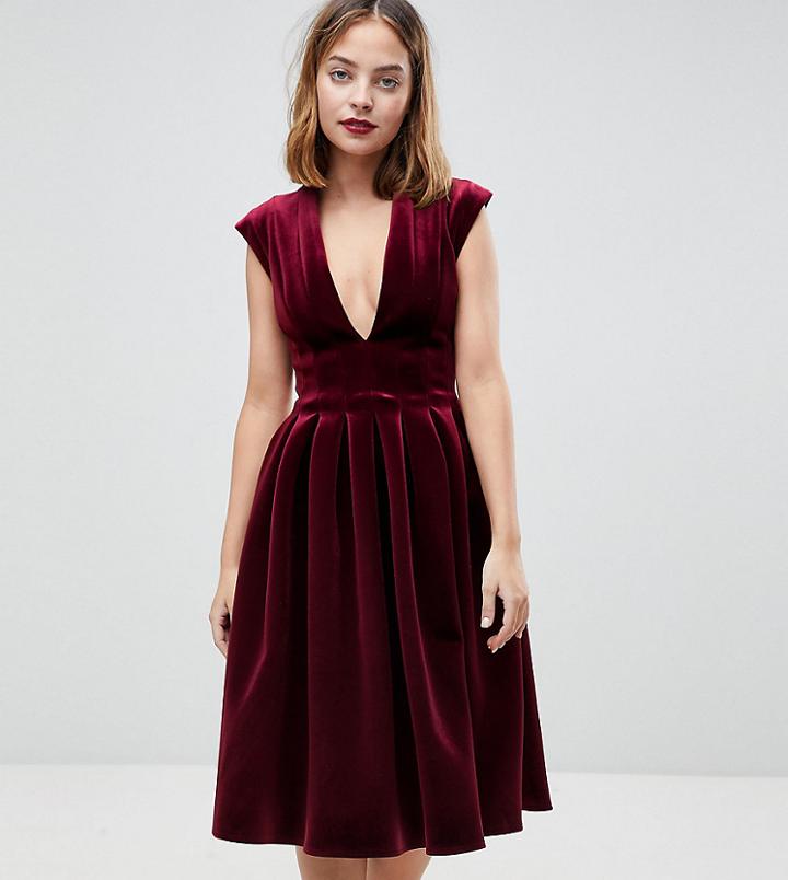 Asos Petite Deep Plunge Bonded Velvet Prom Midi Dress - Blue