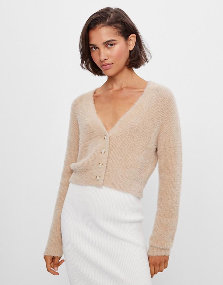Bershka Fluffy Cardigan In Beige-neutral