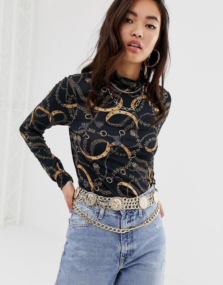 River Island High Neck Top In Scarf Print-black
