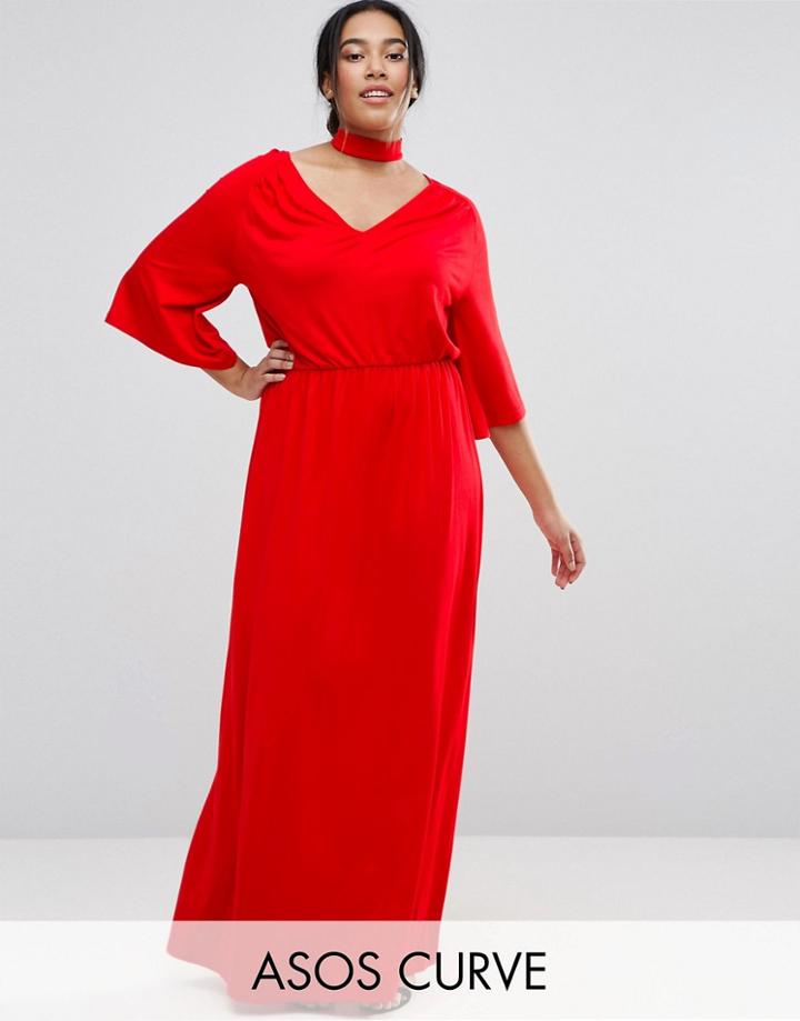 Asos Curve Choker Neck Band Kimono Plunge Maxi Dress - Red