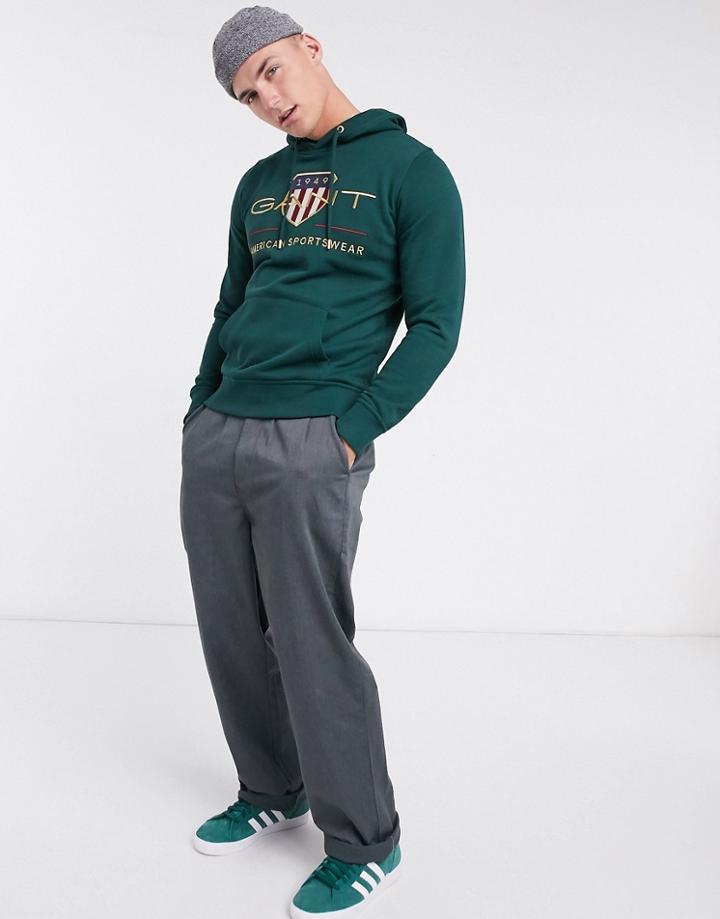 Gant Archive Embroidered Shield Logo Hoodie In Tartan Green