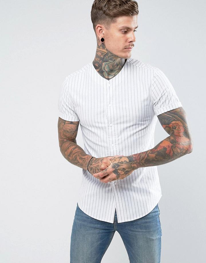 Asos Skinny Oxford Stripe Baseball Shirt - Navy