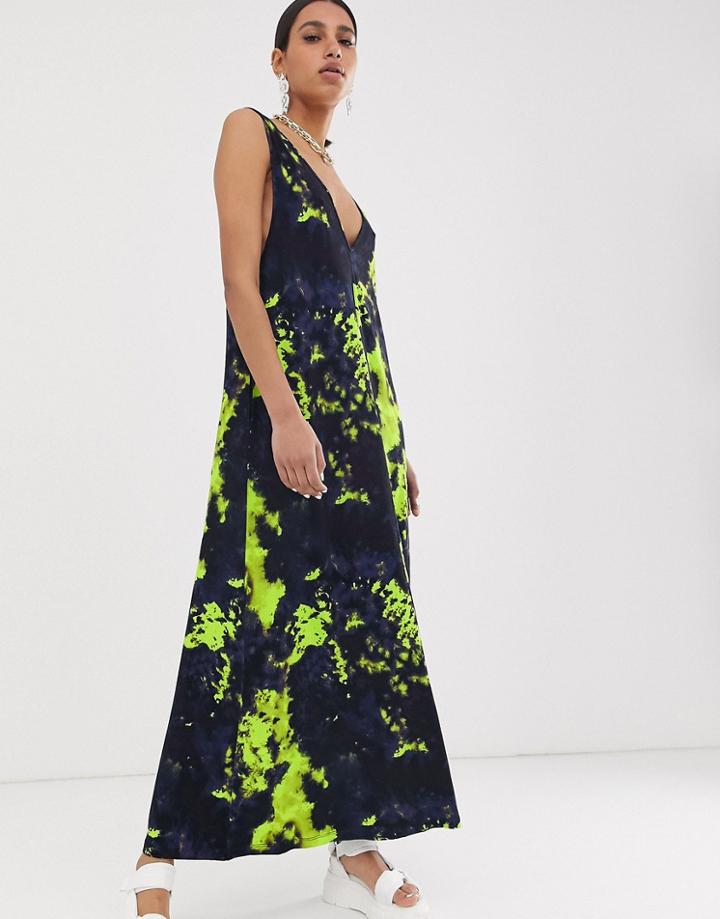 Asos Design Trapeze Maxi Dress In Black Tie Dye Print - Multi