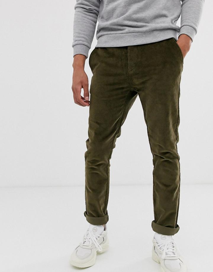 Asos Design Skinny Fit Cord Pants In Dark Khaki - Green