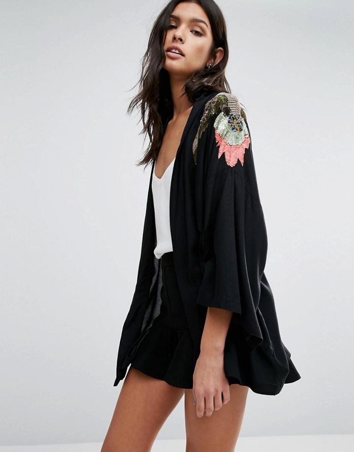 Liquorish Embellished Shoulder Kimono - Black