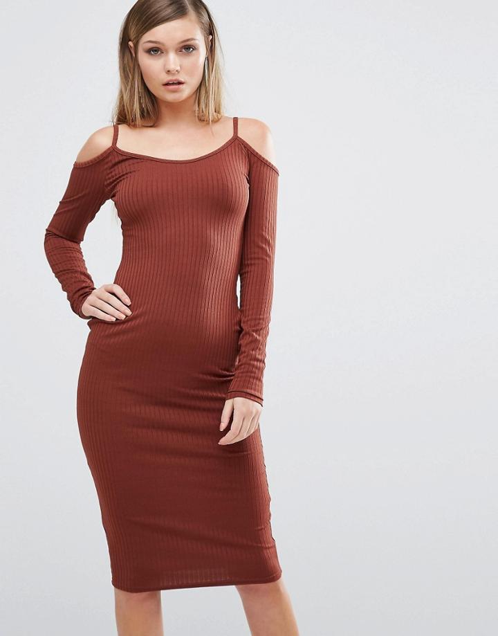 Club L Cold Shoulder Ribbed Midi Dress - Brown