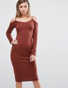 Club L Cold Shoulder Ribbed Midi Dress - Brown