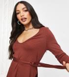 Club L London Tall Ribbed Plunge Neck Top Set In Burgundy-red