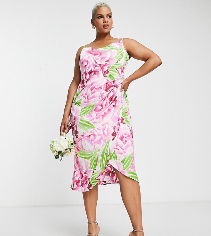 Liquorish Plus Bridesmaid Satin Wrap Midi Dress In Overscale Green Floral Print
