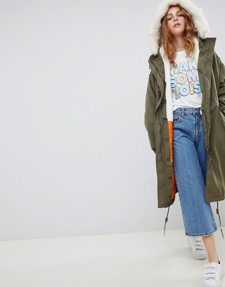 Monki Faux Fur Trim Parka - Green