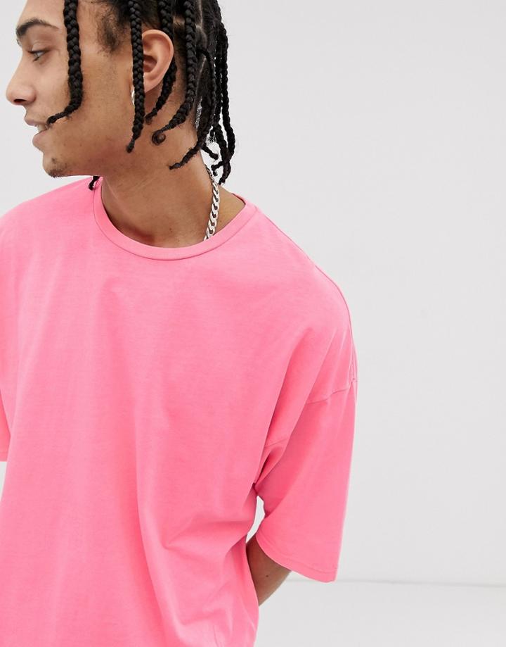 Asos Design Oversized T-shirt With Half Sleeve In Washed Neon Pink