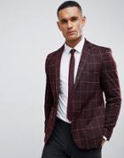 Burton Menswear Regular Fit Windowpane Check Blazer In Burgundy - Red