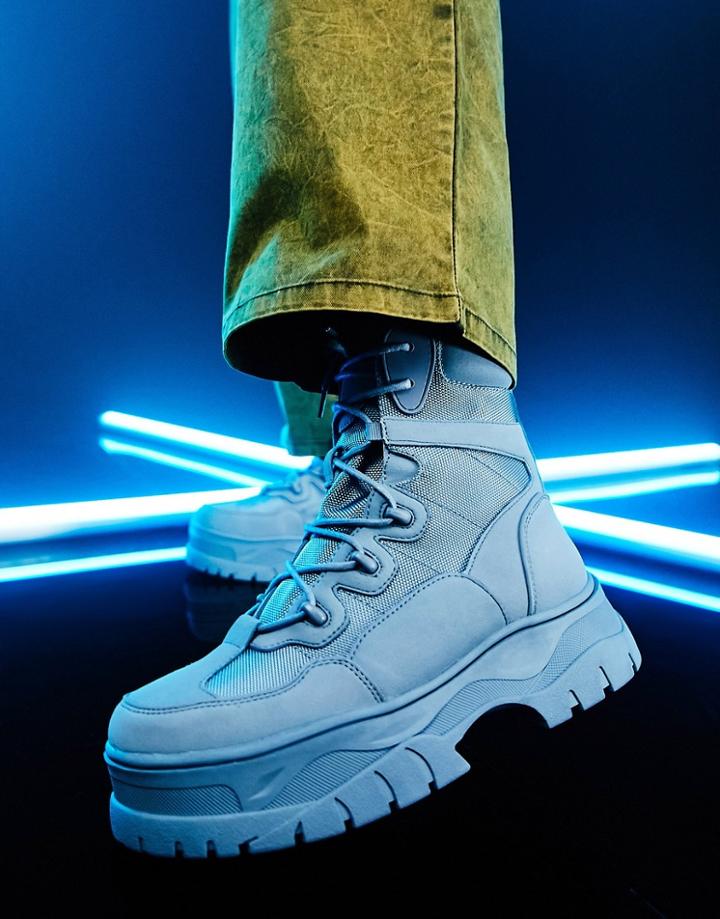 Asos Design Lace Up Boots In Blue Faux Suede With Chunky Sole-blues