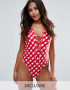 Asos Fuller Bust Exclusive Lace Up Gingham Frill Swimsuit Dd-g - Red