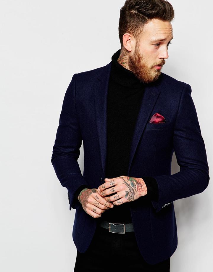 Asos Slim Blazer In 100% Wool - Navy