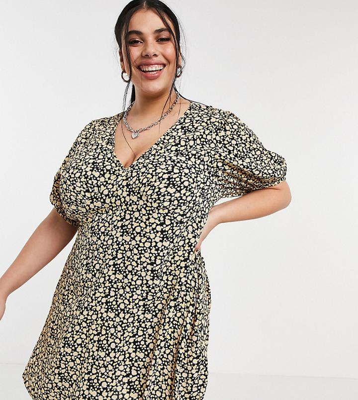 Cotton: On Curve Mini Tea Dress In Black Daisy Print