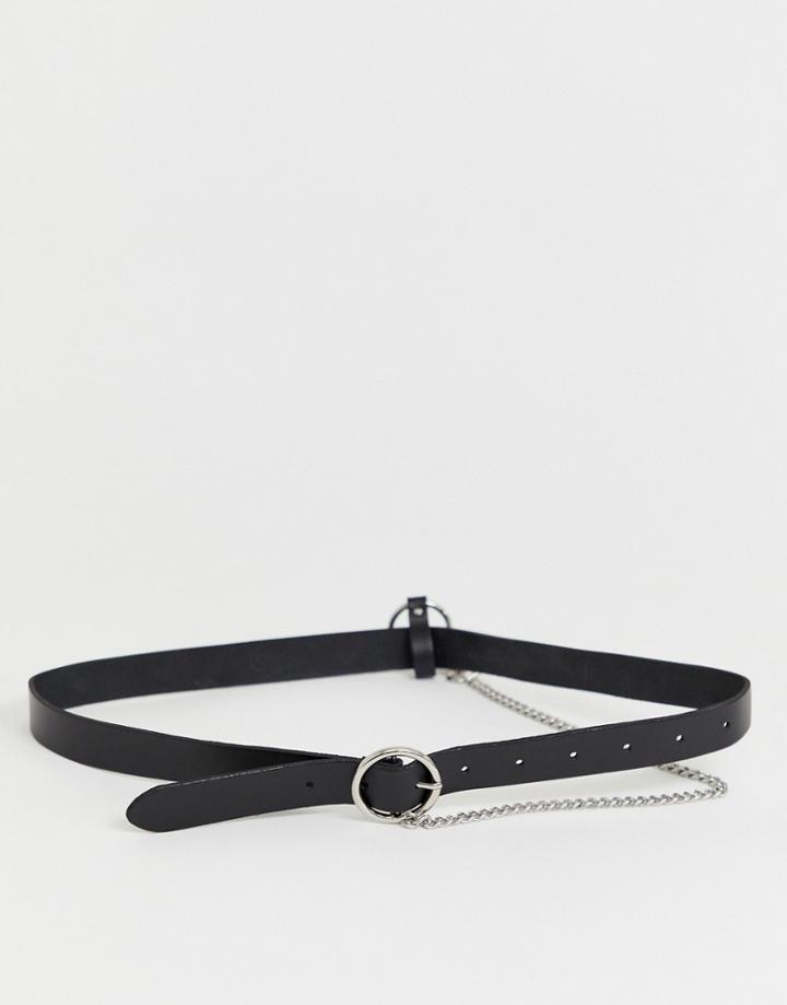 Asos Design Leather Waist And Hip Belt With Circle Buckle And Chain Detail - Black