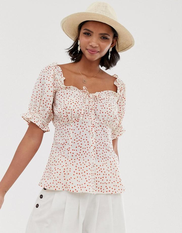 Asos Design Square Neck Top With Ruffle In Polka Dot-multi