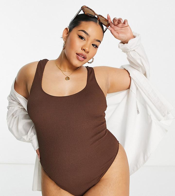 Asos Design Curve Crinkle Scoop Low Back Swimsuit In Chocolate Brown