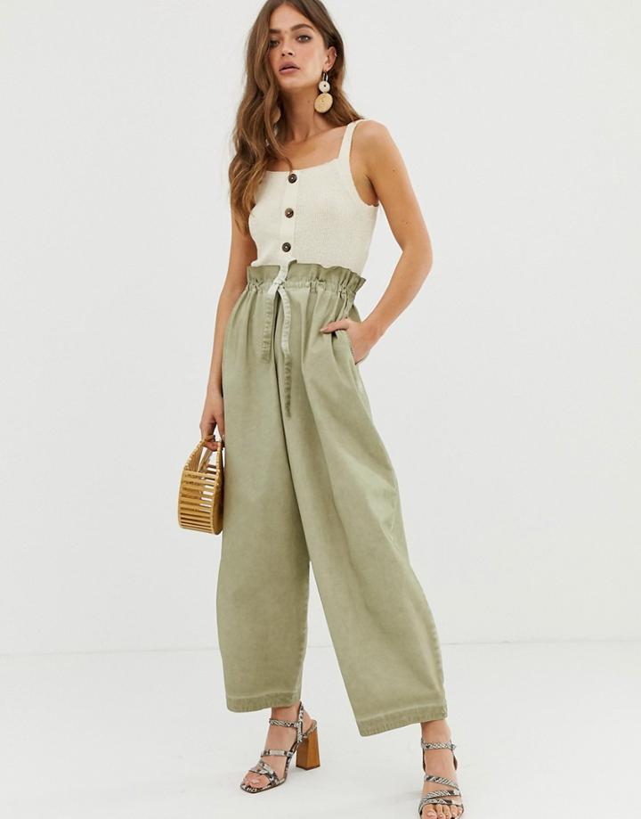 Asos Design Ultimate Wide Leg Pants With Paperbag Waist In Oil Wash-beige