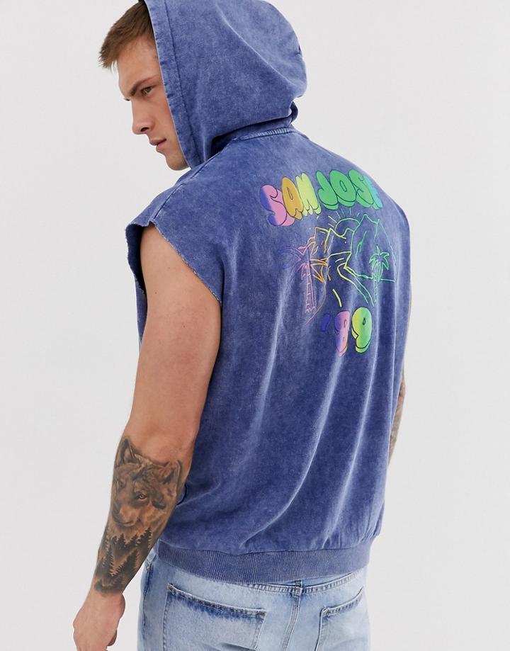 Asos Design Sleeveless Oversized Hoodie In Blue Wash With City Back Print