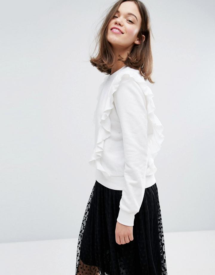 Monki Ruffle Front Sweatshirt - White