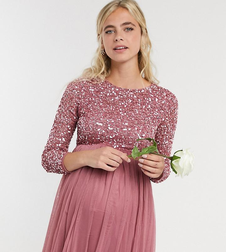 Maya Maternity Delicate Sequin Long Sleeve Maxi Dress With Tulle Skirt In Rose-pink
