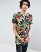 Criminal Damage T-shirt In Black With Tropical Print - Black