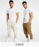 Asos Design 2 Pack Tapered Chinos In Brown And Beige Save-multi