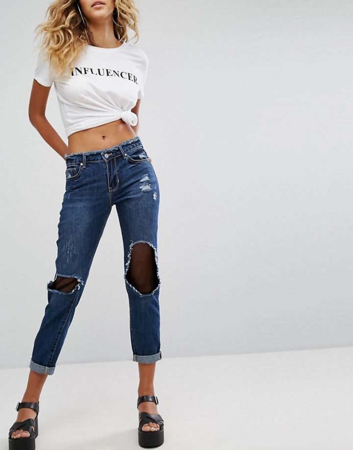 Missguided Mesh Insert Boyfriend Jean - Blue