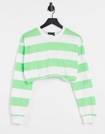 Asos Design Super Crop Tee With Long Sleeve Cuff Detail And Contrast Stitch In Stripe-green