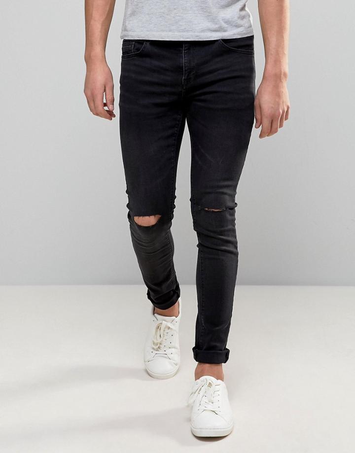 Pull & Bear Super Skinny Jeans With Knee Rips In Washed Black - Gray