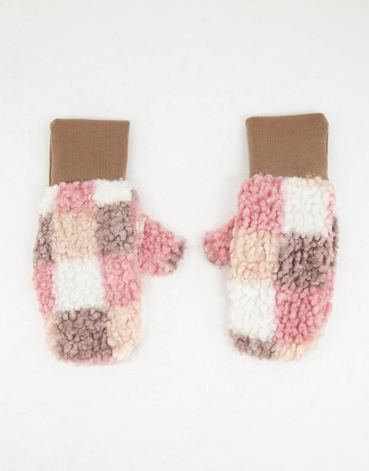 My Accessories London Mittens In Pink Plaid Shearling