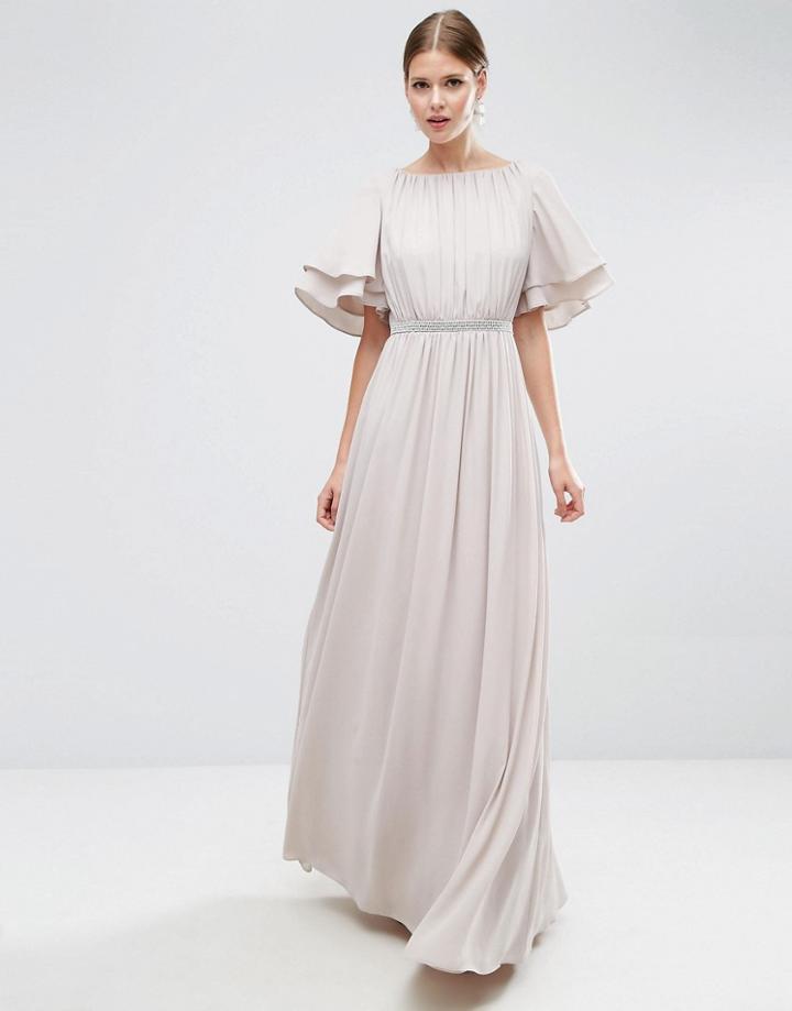 Asos Tall Flutter Sleeve Maxi Dress With Embellished Waist Trim - Pink