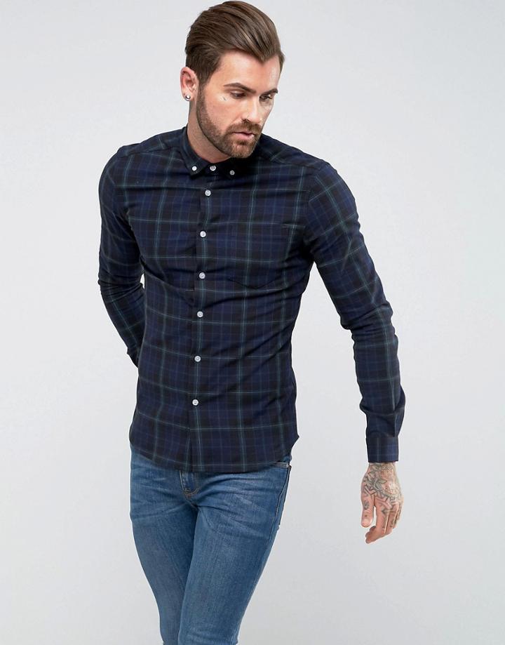 Asos Skinny Plaid Check Shirt In Navy - Navy