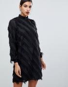 Y.a.s Fringe Stripe High Neck Dress - Black