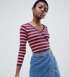 Asos Design Petite Long Sleeve Wrap Top In Bright Stripe Rib - Multi