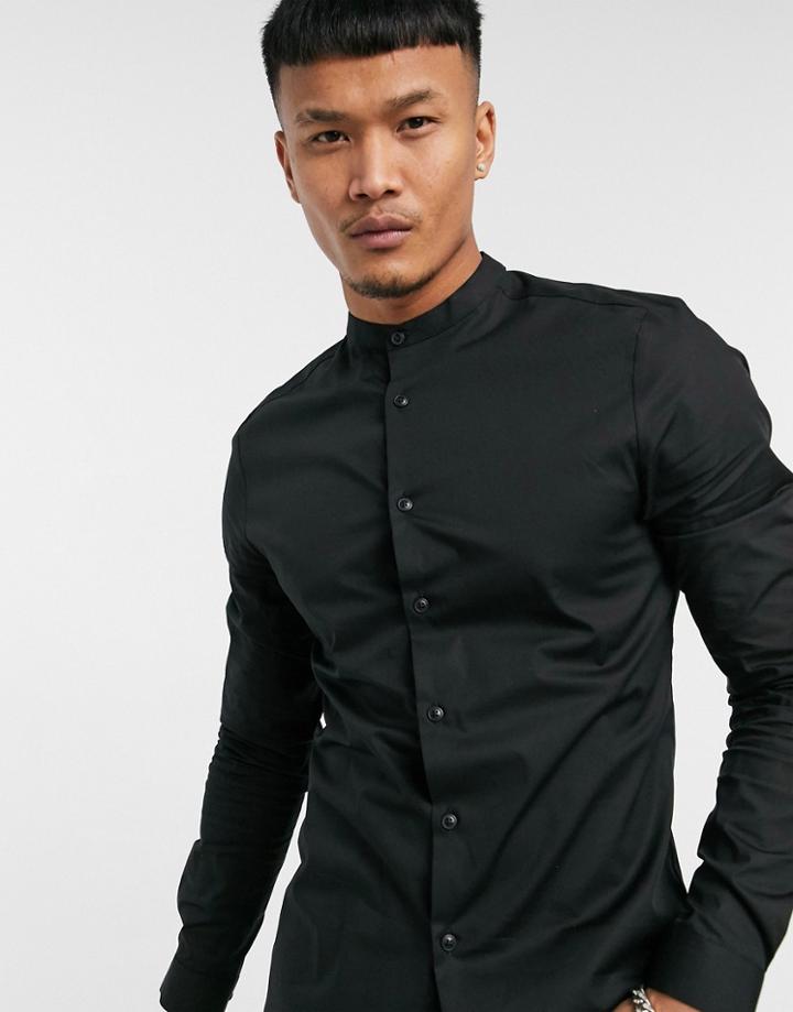 Asos Design Skinny Fit Shirt With Band Collar In Black