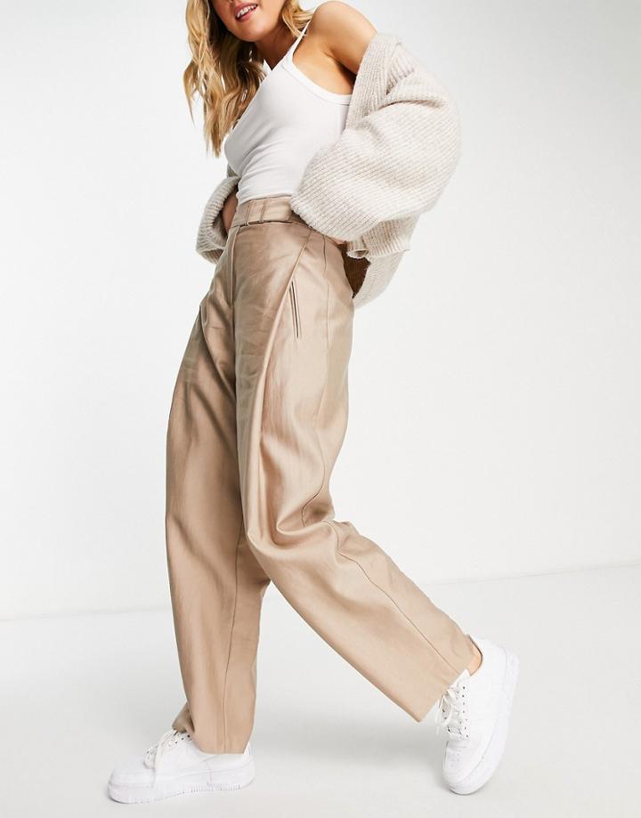 Topshop Wide Leg Pleat Detail Pants In Camel-neutral