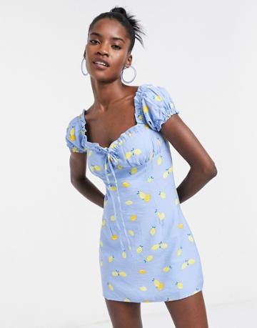 Glamorous Milk Maid Mini Dress With Ruched Bust In Lemon Print-blue
