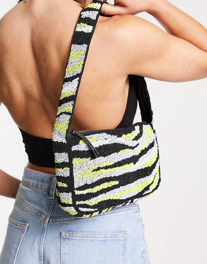 River Island Tiger Stripe Beaded Shoulder Bag In Yellow