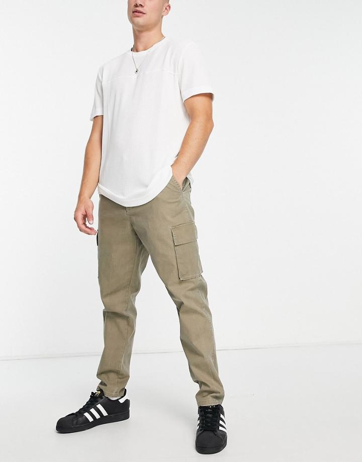 Asos Design Tapered Cargo Pants In Khaki With Lanyard-green