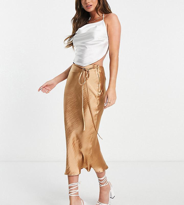 Topshop Petite Satin Tie Waist Bias Midi Skirt In Caramel-neutral