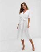 Asos Design Midi Belted Shirt Dress In Slub - White